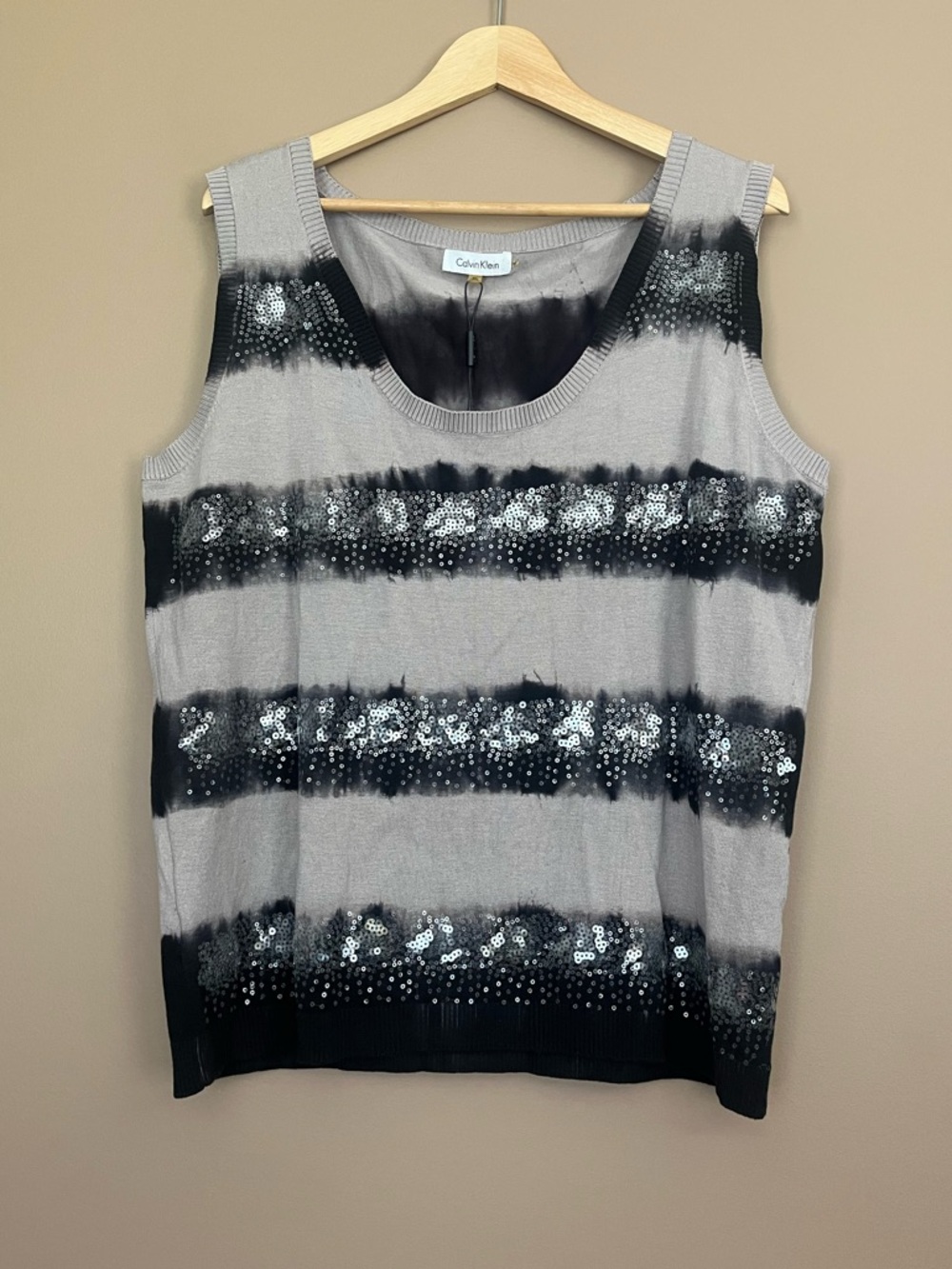 {Calvin Klein} Silk Blend Sleeveless Sweater Tank With Sequin & Tie Dye